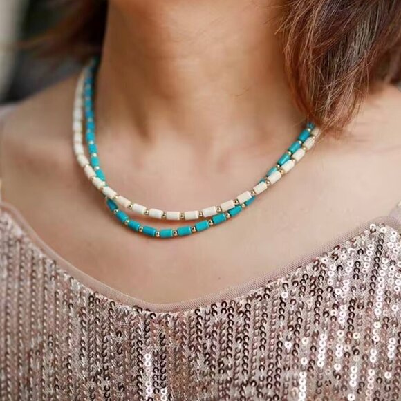 NWT Boho Beaded Choker Necklace Turquoise & 18K Gold Plated Beads 16” Western - Picture 4 of 11